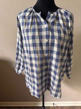 Blue and White Gingham Button-Front Blouse by Runs Big